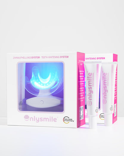 Zwei Zahnaufhellungssysteme von OnlySmile und zwei Whitening-Gele in Tuben – komplette Whitening-Ausstattung für Zuhause