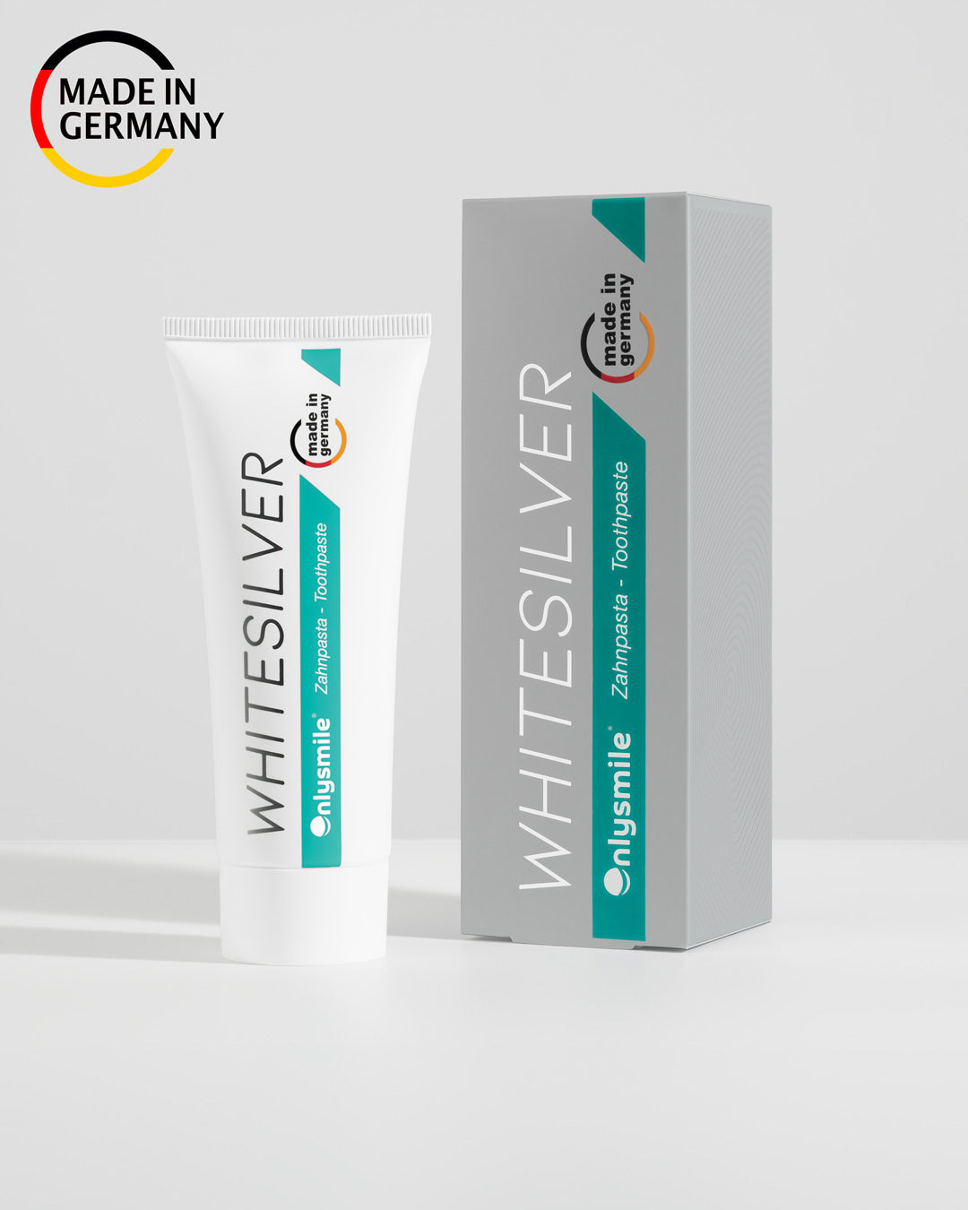 OnlySmile WhiteSilver Zahncreme mit Verpackung – Zahnpasta "Made in Germany" auf weißem Hintergrund