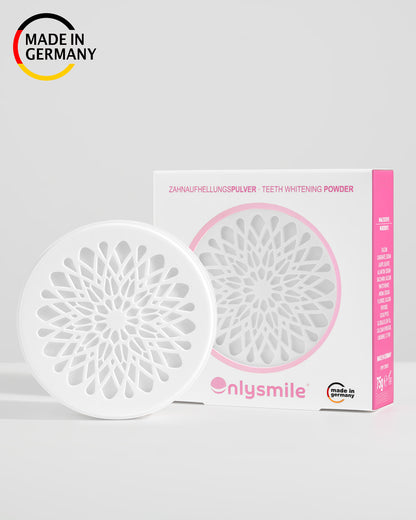 Zahnaufhellungspulver von OnlySmile mit dekorativem Deckel. „Made in Germany“ Qualität für ein strahlendes Lächeln.