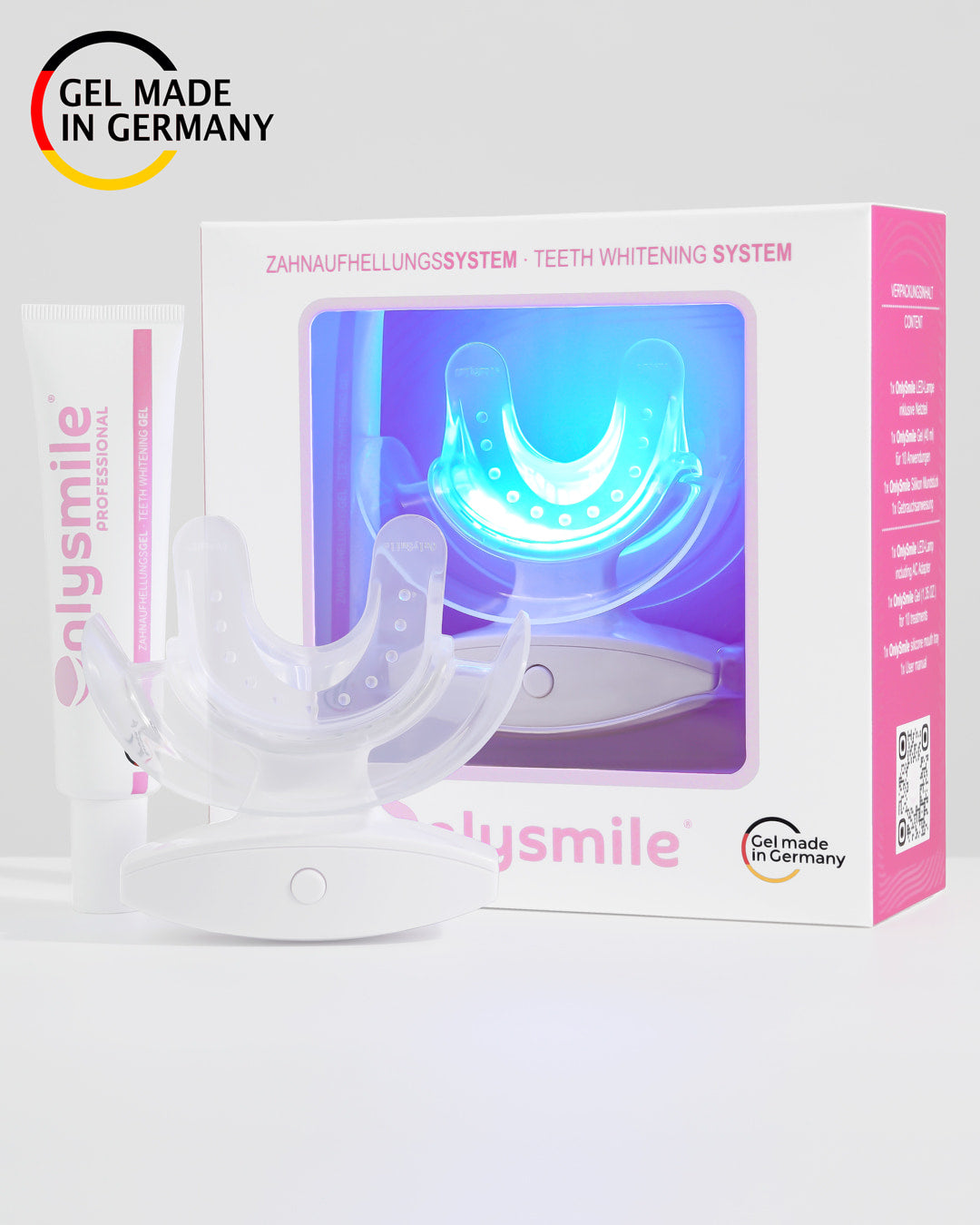 OnlySmile Zahnaufhellungsset mit LED-Lampe, Gel und Verpackung – „Gel made in Germany“