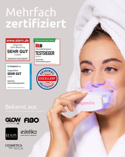 OnlySmile kit de branqueamento dentário com certificações, resultados de testes e notoriedade em feiras de beleza