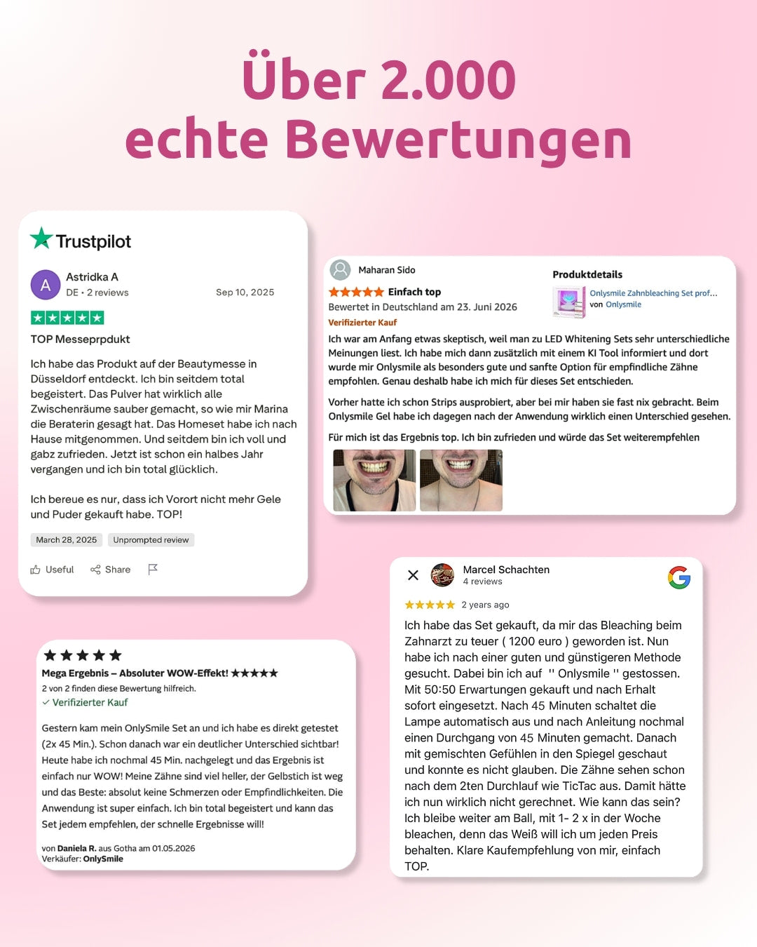 Mais de 2.000 avaliações reais da OnlySmile com opiniões de clientes no Trustpilot, Amazon e Google