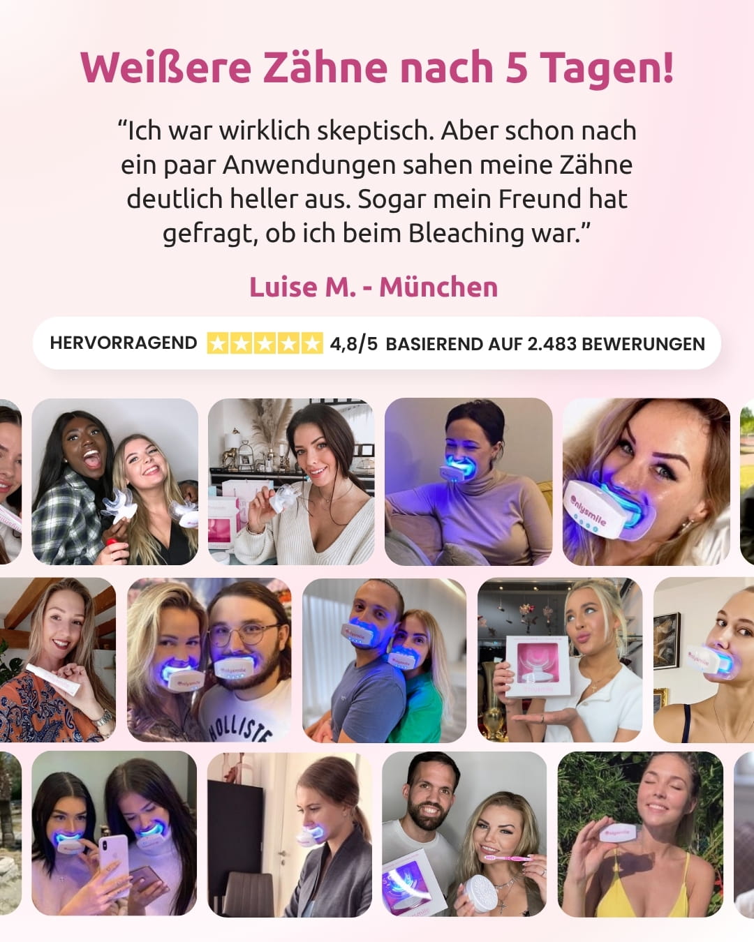 Kundenfotos mit OnlySmile Zahnaufhellungsset und Bewertung von 4,8 von 5 Sternen