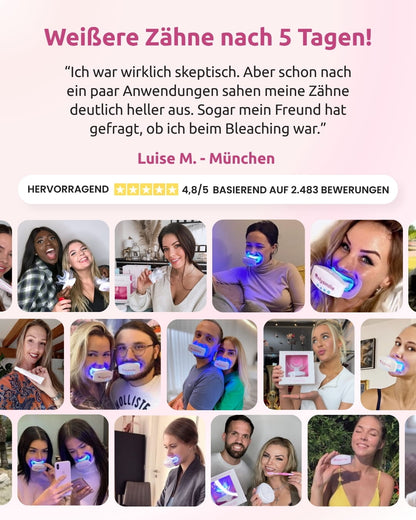 Kundenfotos mit OnlySmile Zahnaufhellungsset und Bewertung von 4,8 von 5 Sternen
