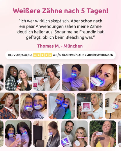 Fotos de clientes com o kit de branqueamento dentário OnlySmile e avaliação de 4,8 em 5 estrelas