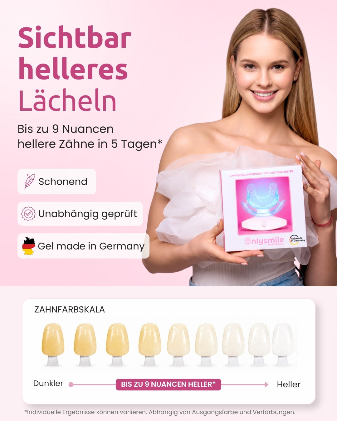 OnlySmile Kit de branqueamento dentário com escala de cor dentária e indicação de dentes visivelmente mais brancos em 5 dias
