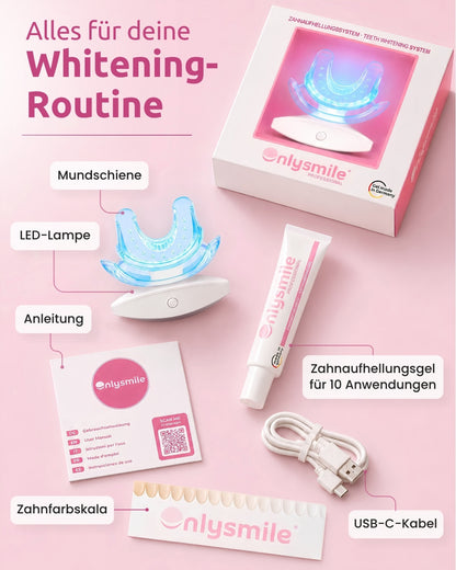 Conteúdo do kit de branqueamento dentário OnlySmile com lâmpada LED, moldeira, gel, instruções, escala de cores dentárias e cabo USB-C