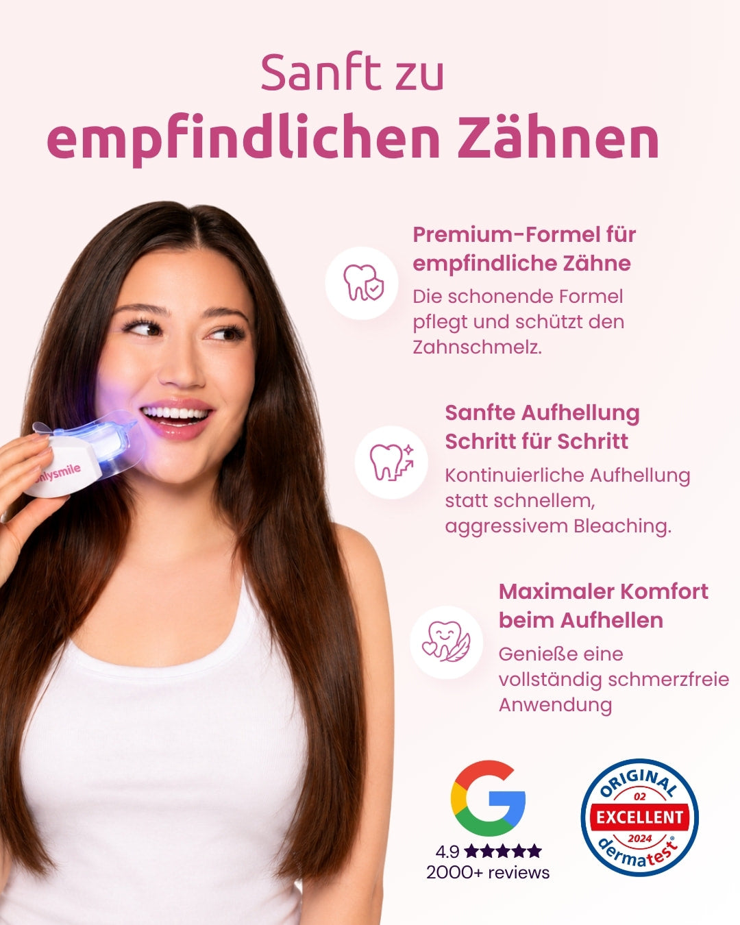 alt
OnlySmile branqueamento dentário para dentes sensíveis com fórmula suave e lâmpada LED