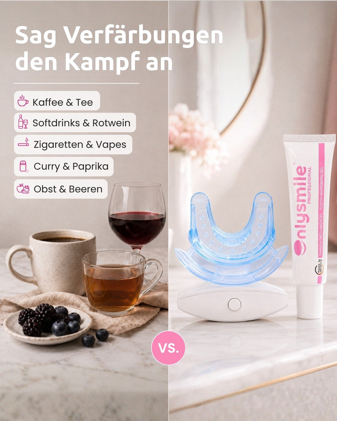 OnlySmile kit branqueador dentário contra manchas causadas por café, chá, refrigerantes, vinho tinto, cigarros e alimentos