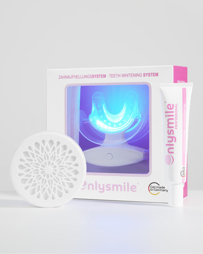 OnlySmile Zahnaufhellungssystem mit LED-Lampe in Verpackung, eine Dose Zahnaufhellungspulver und eine Tube Whitening-Gel